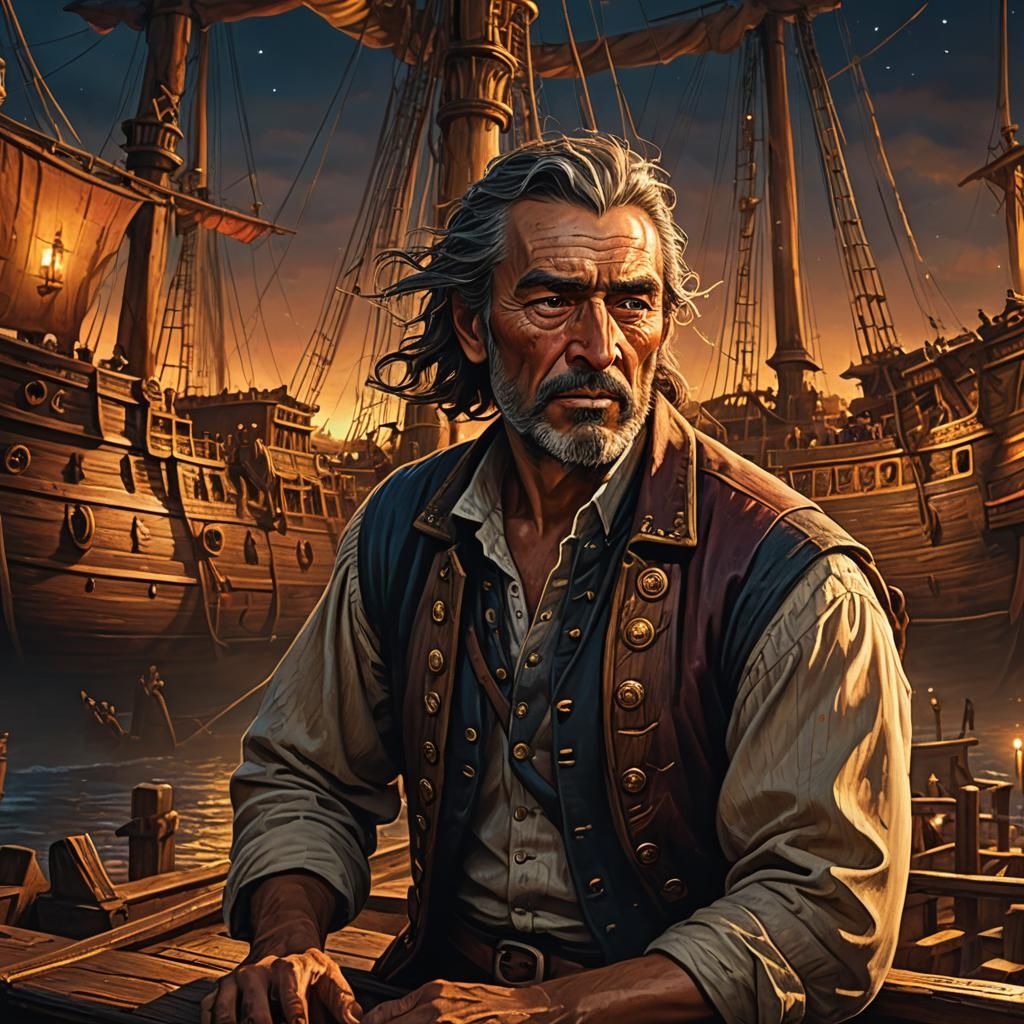 Hyperrealistic Señor Working on Galleon at Night