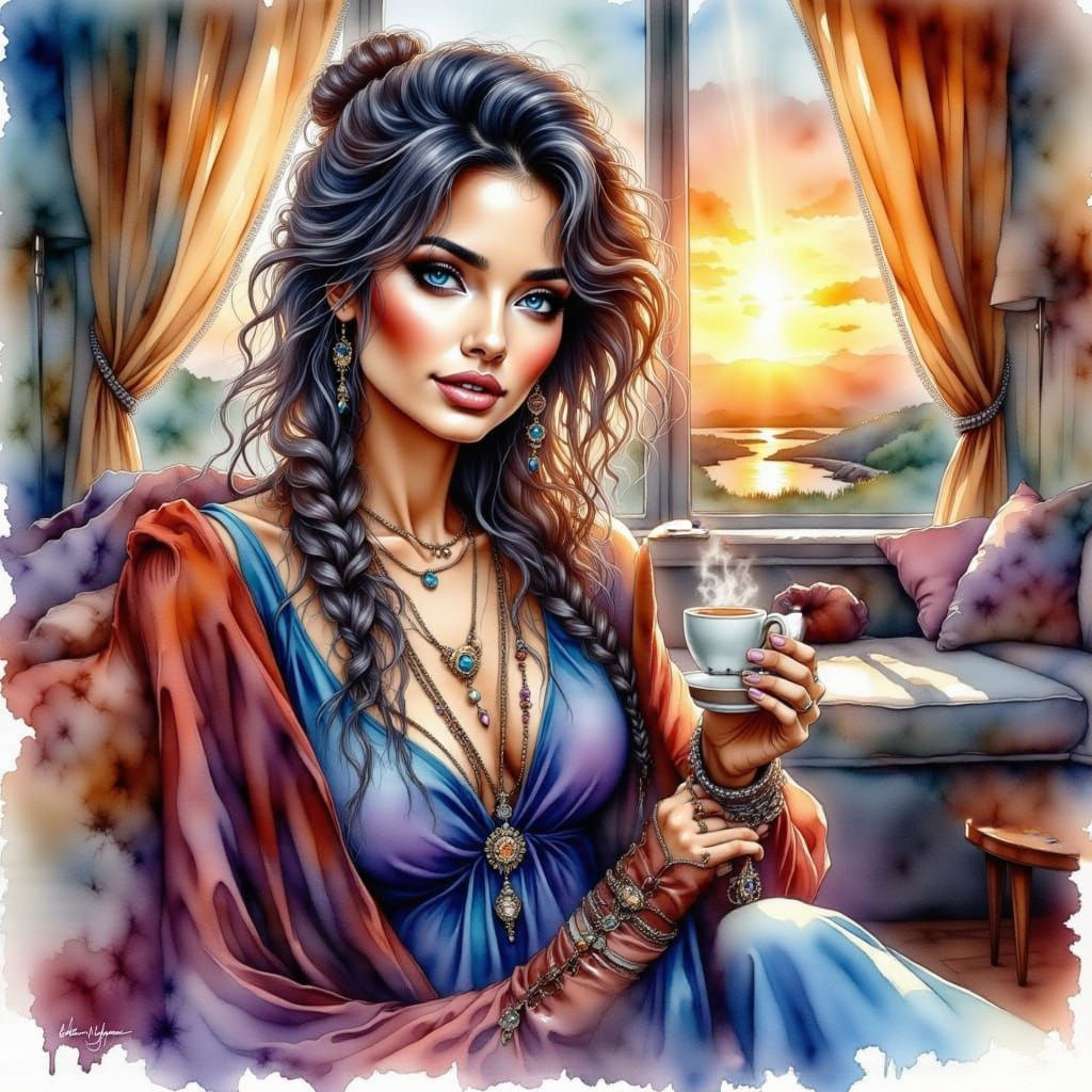 Beautiful Woman in Boho Dress with Jewelry