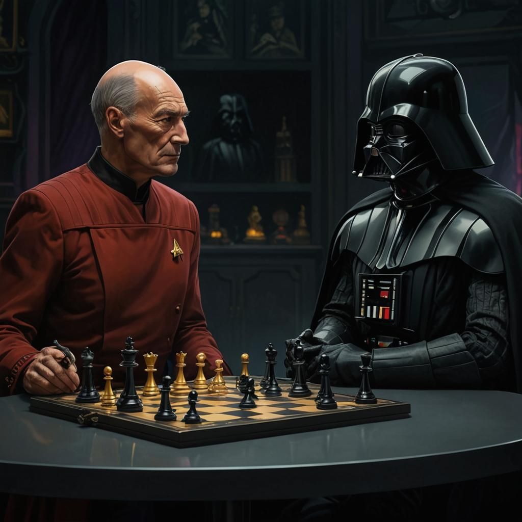 Picard vs Vader: Chess Match in Ornate Study