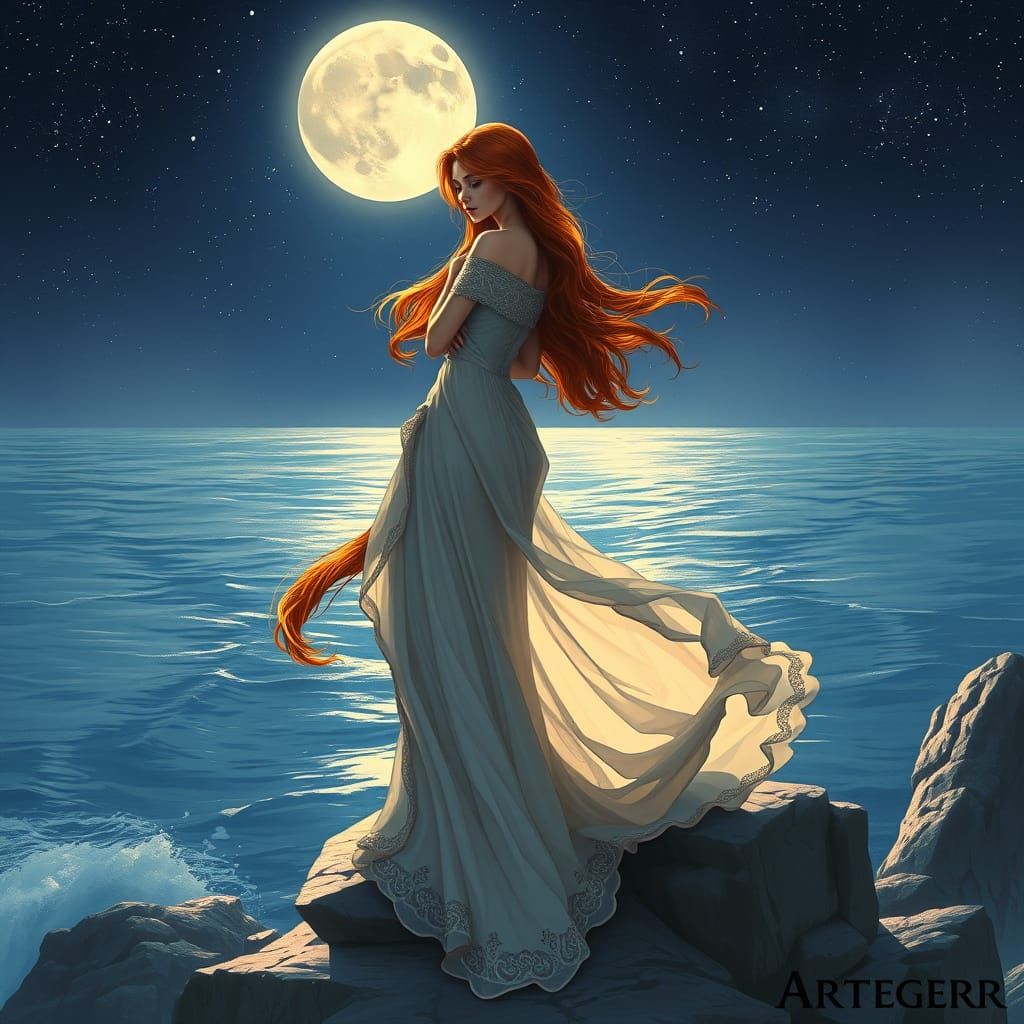 Auburn-Haired Woman on Cliff in Romantic Moonlight