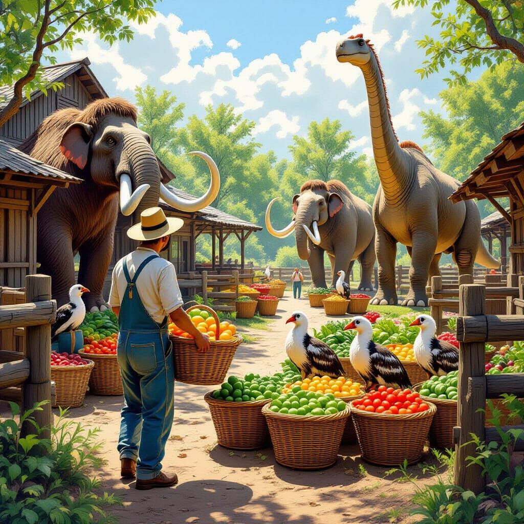 Hyperrealistic Farm Scene with Dodos and Dinosaurs