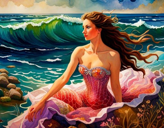 Sunbathing Mermaid in Watercolor Patchwork Style