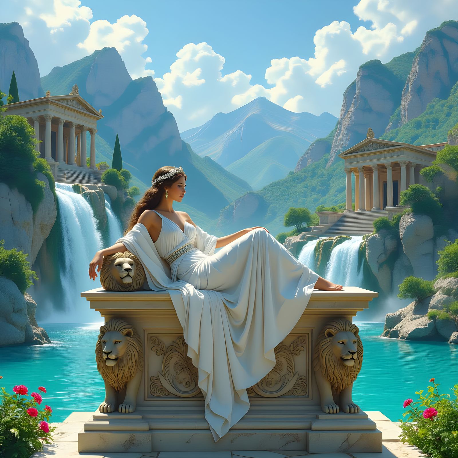 Goddess Statue with Waterfall in Hyperrealistic Style