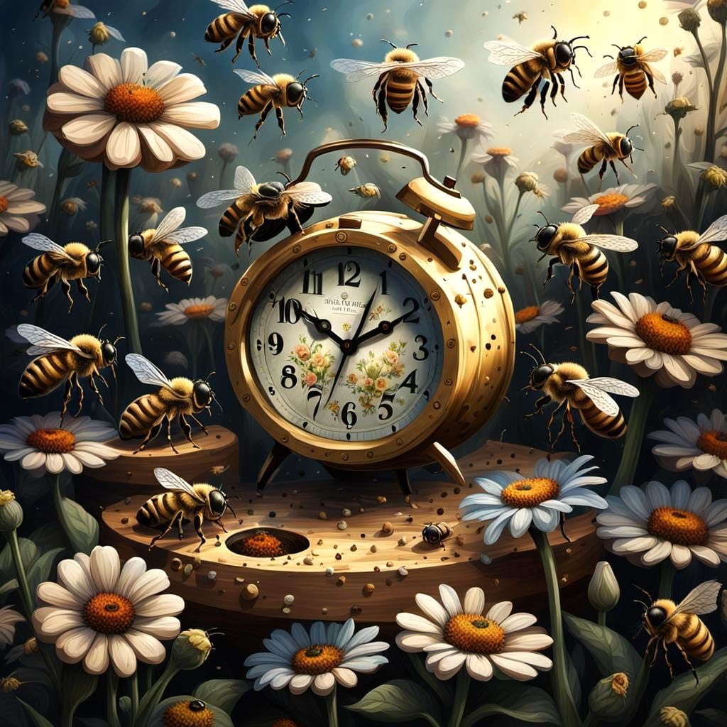 Surreal Bees Working in a Flower Garden