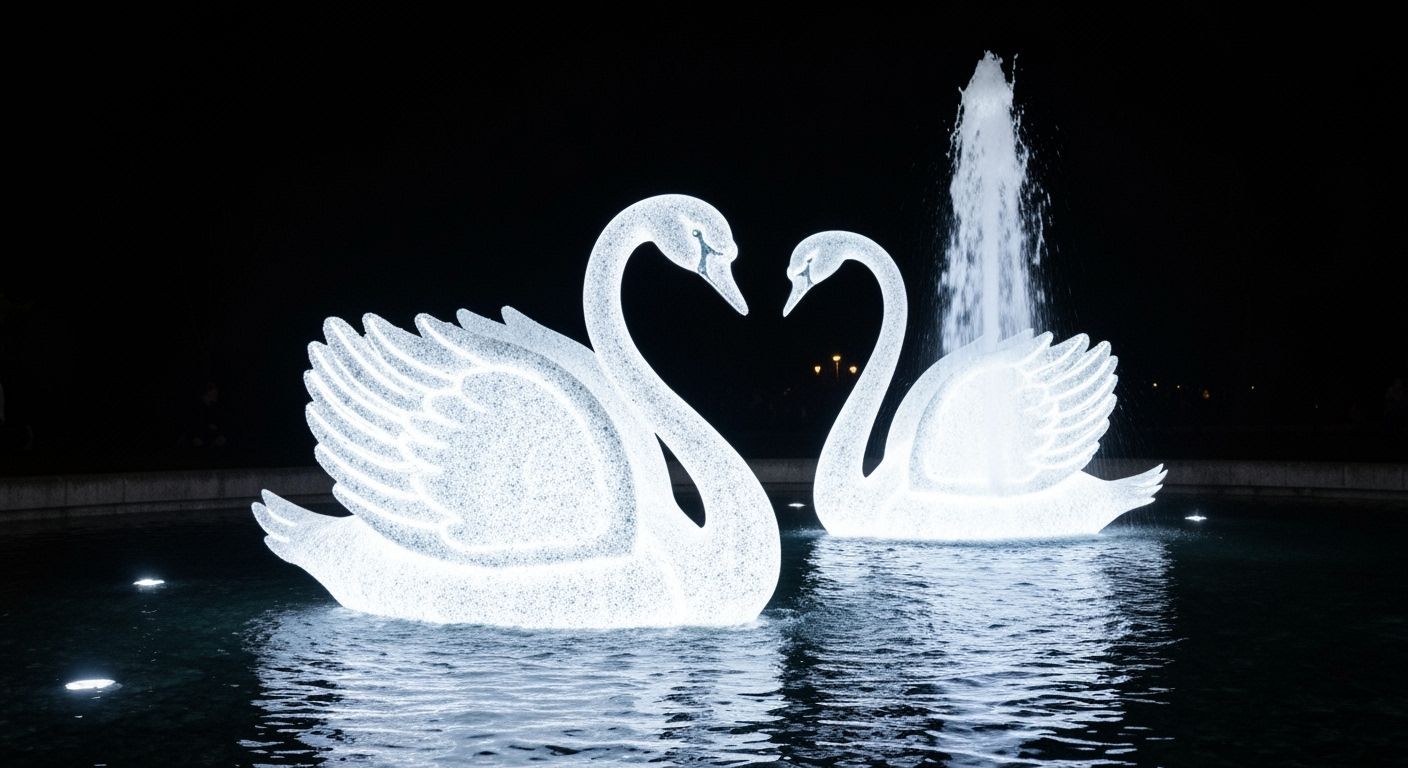 Surreal Water Swan Sculpture Illuminated at Night