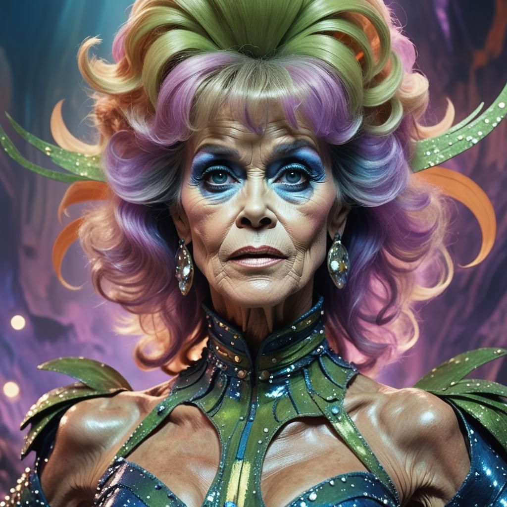 Elderly Figure as Barbarella in Vibrant Concept Art