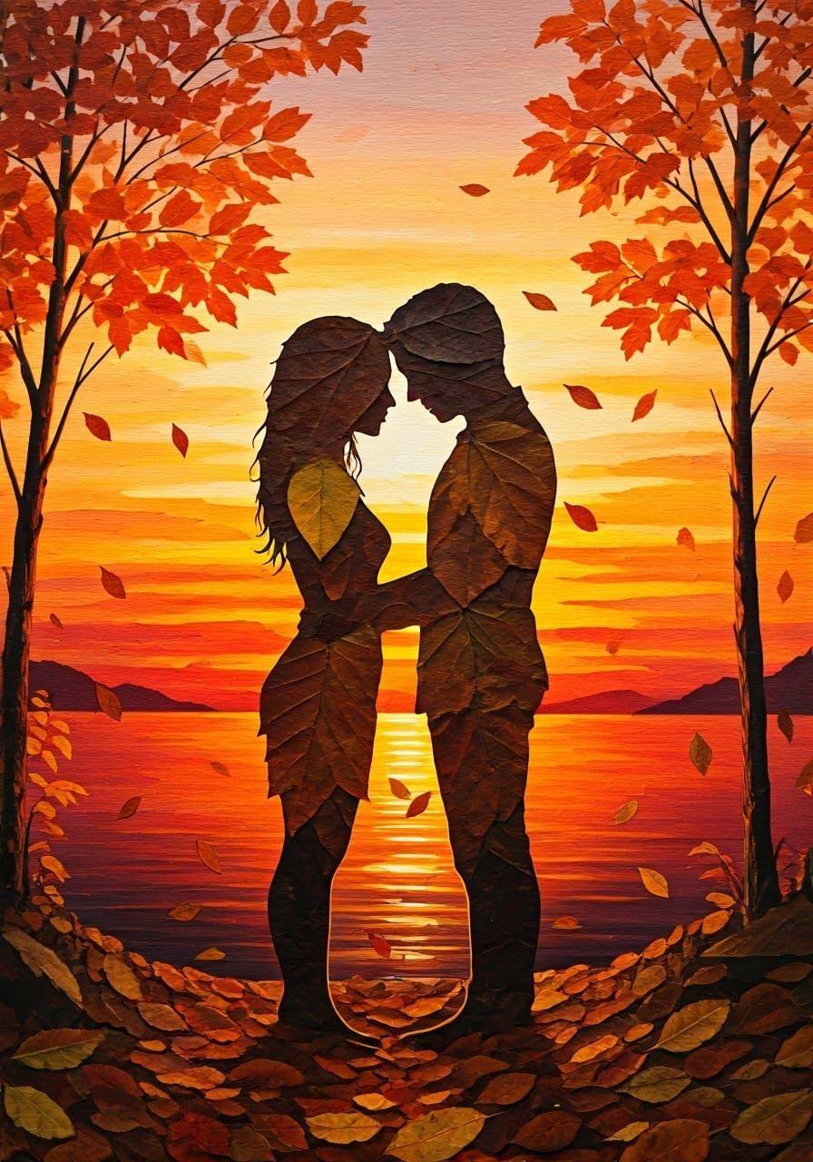 Autumn Lovers: A Leafy Collage Painting