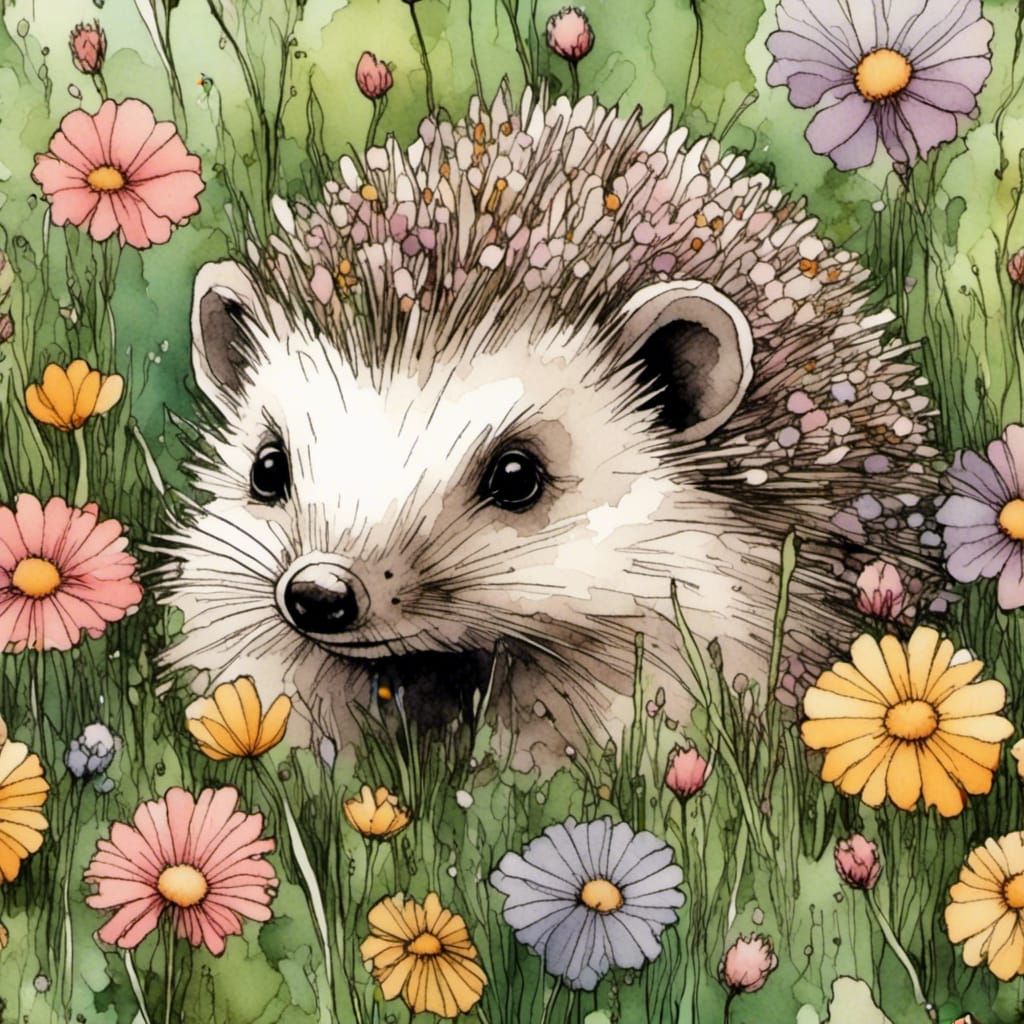 Anime Hedgehog in Pastel Flower Garden