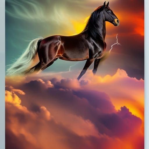 A majestic horse standing on a hilltop with a mountain range...