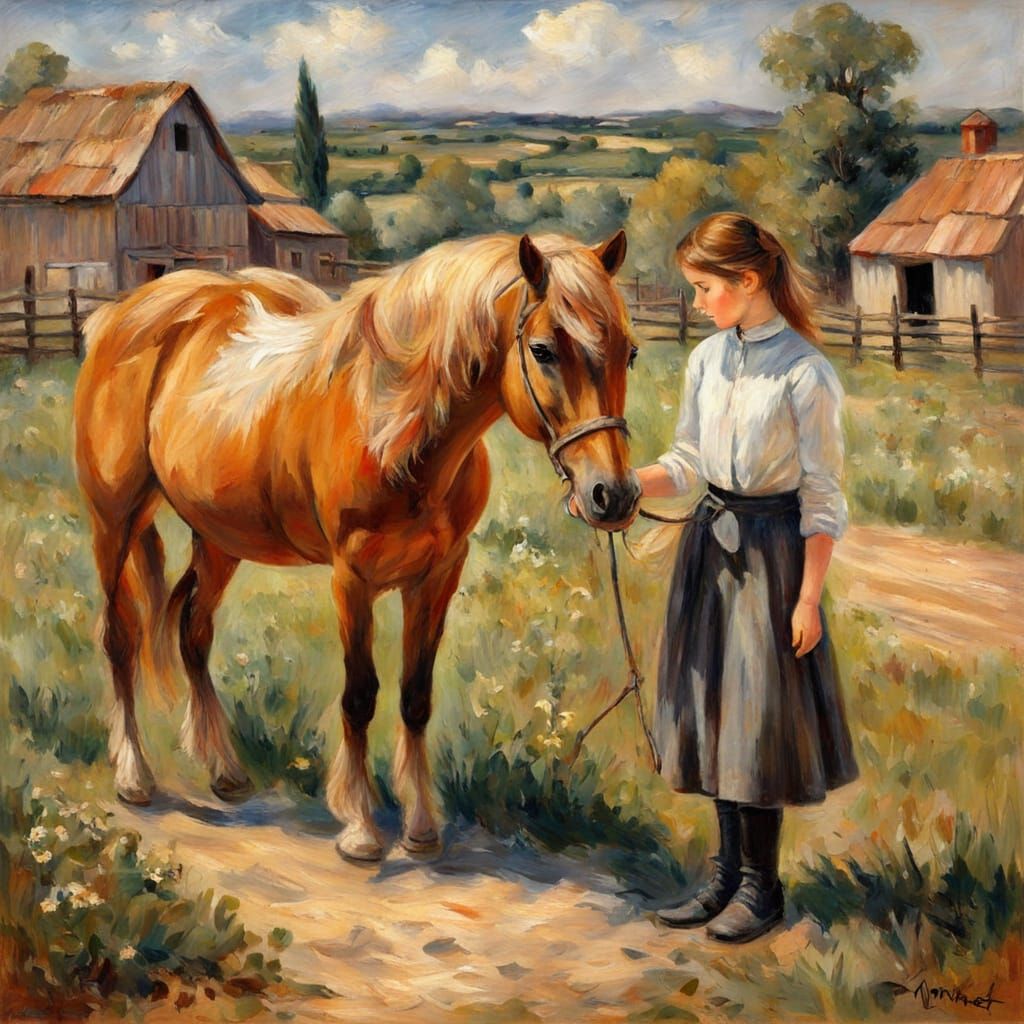 Girl and Pony on Farm as Impressionistic Oil Painting