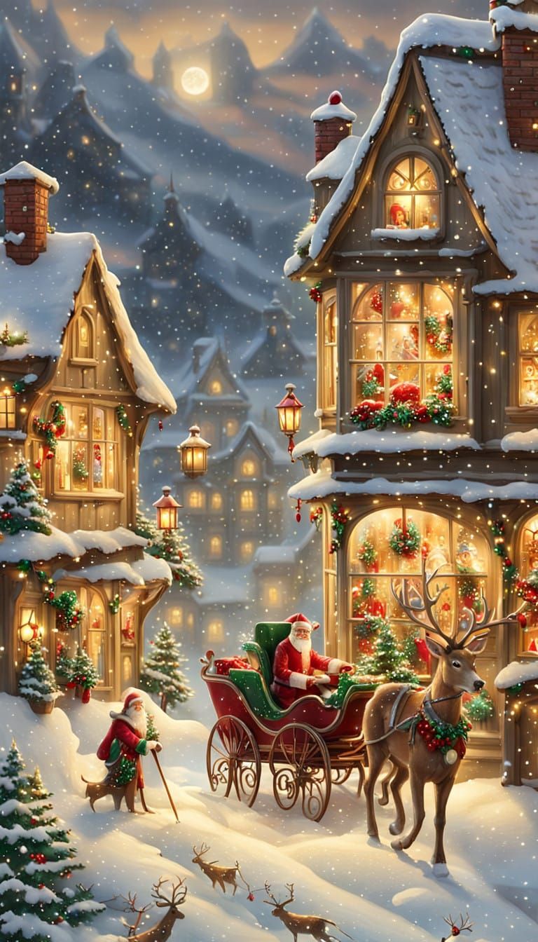 Warm Whimsical Christmas Scene with Snowy Village and Joyful...
