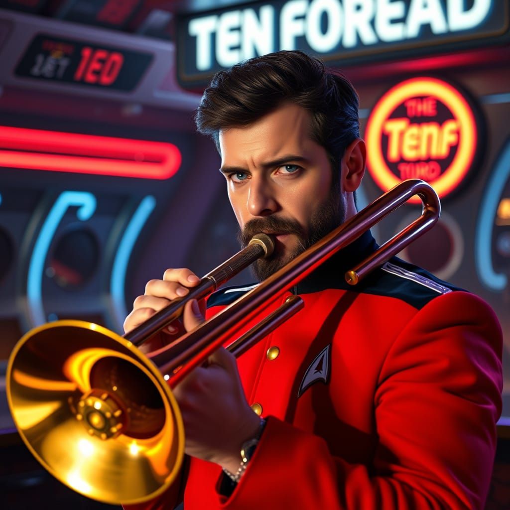 Starfleet Commander Riker Plays Trombone in Futuristic Ten-F...