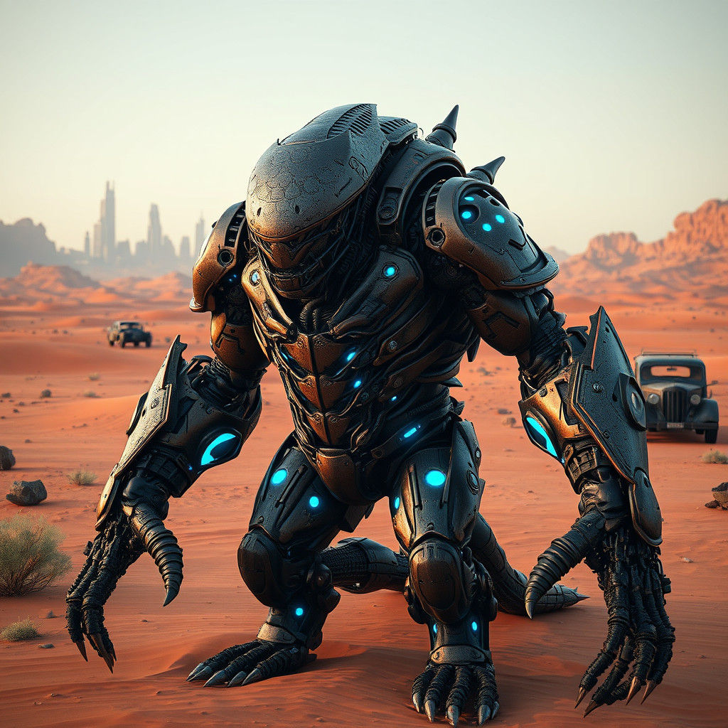 Biomechanical Monster in Desert Cityscape, Hyperrealistic Ar...