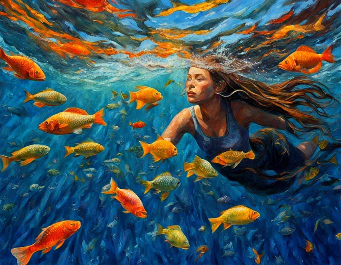 Lady Swimming in Ocean with Fish, Impasto Style