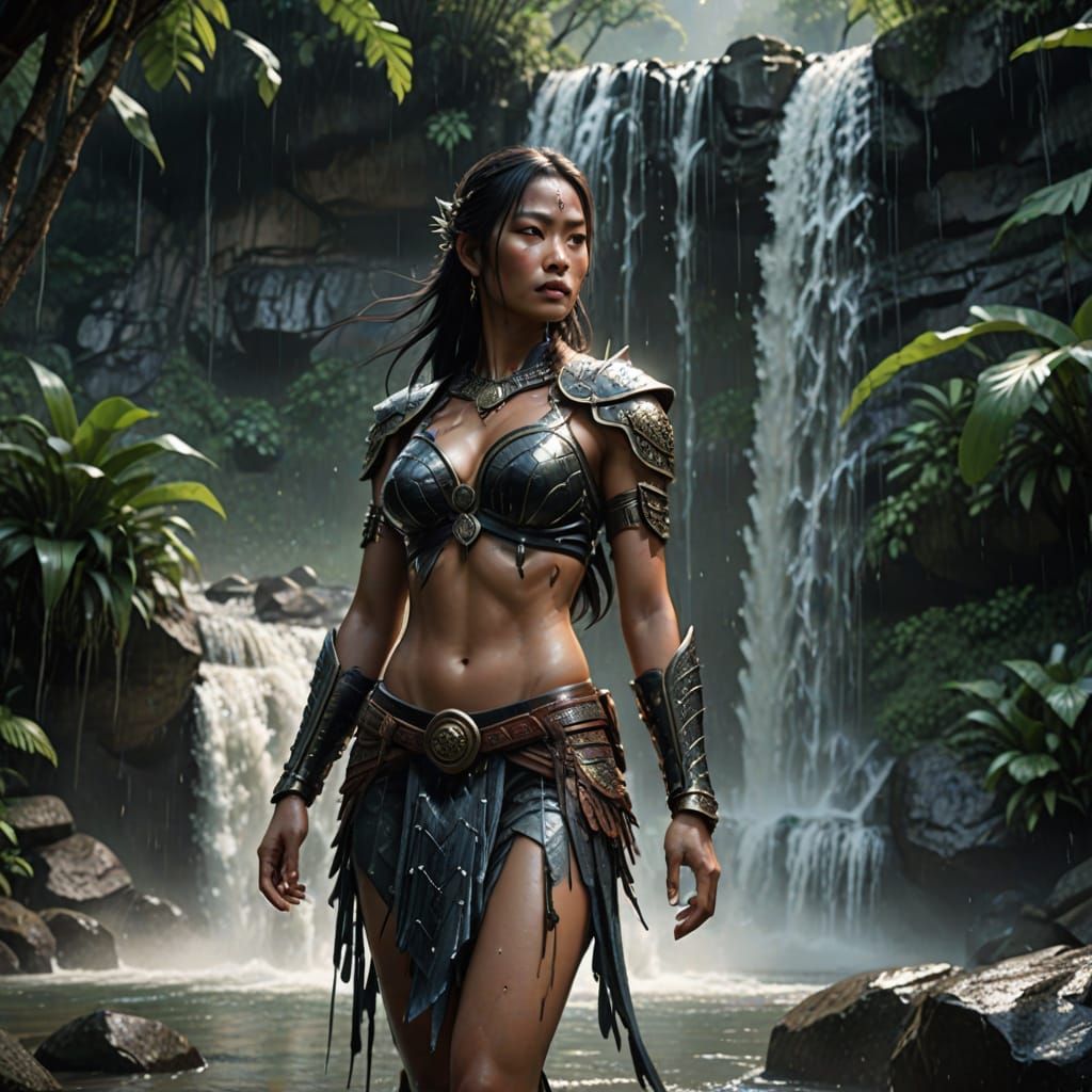 Southeast Asian Fantasy Warrior in Moonlit Waterfall Paradis...