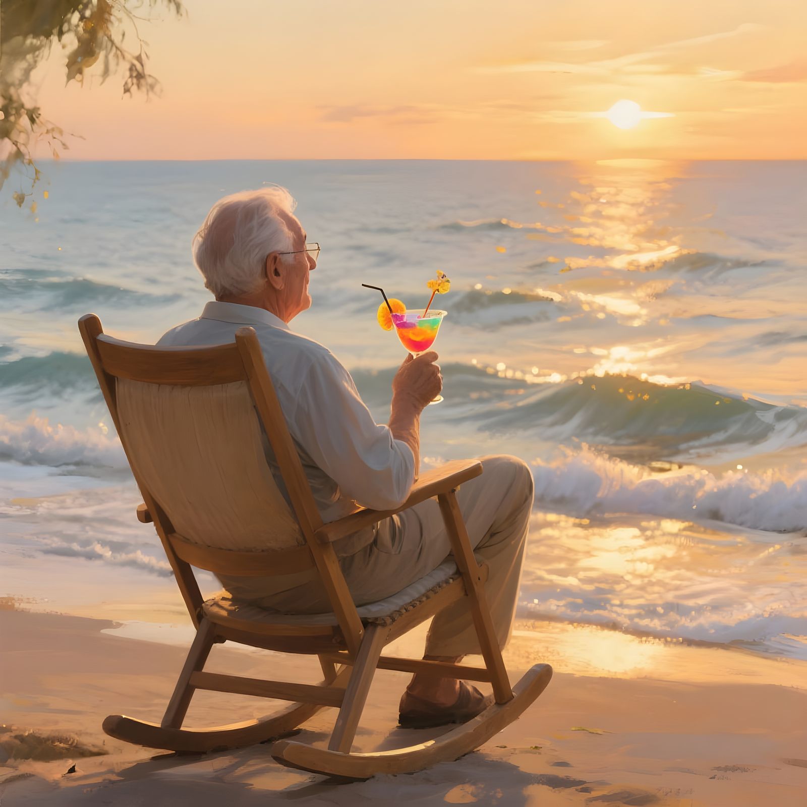 An elderly gentleman sitting on a comfortable rocking chair
