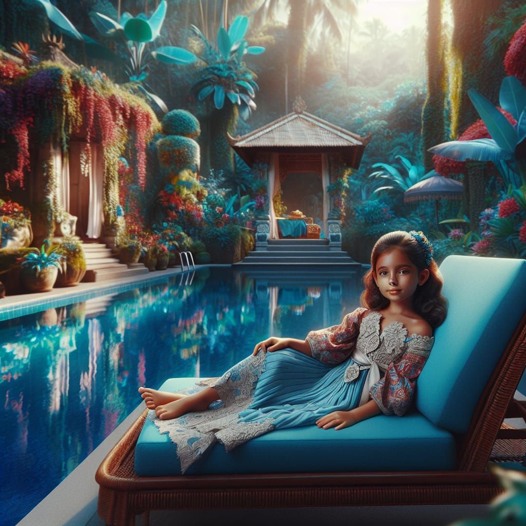 little girl approx. 5 years old in a nice summer dress, lying on a sunbed by a swimming pool in Bali with nice exotic p...