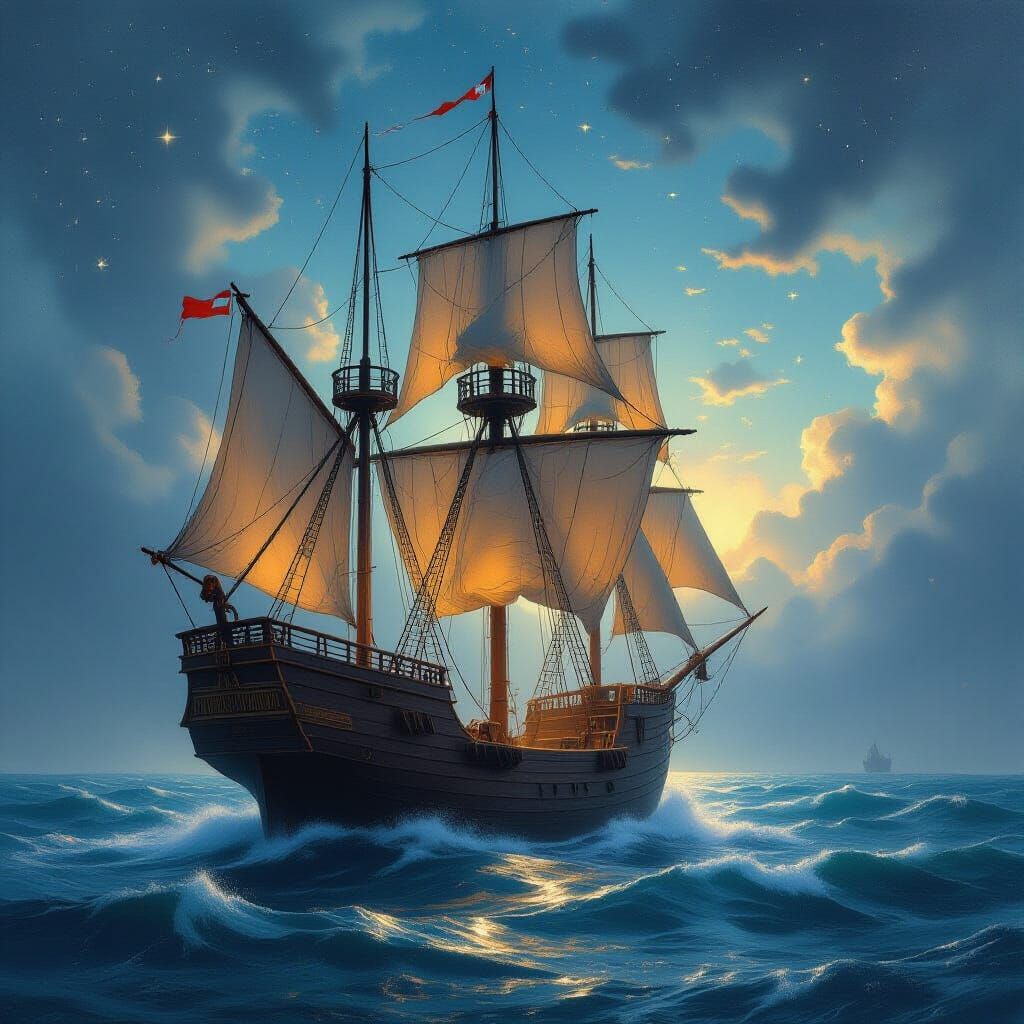 Ancient Sail Ship Navigates Turbulent Sea in Sfumato Style