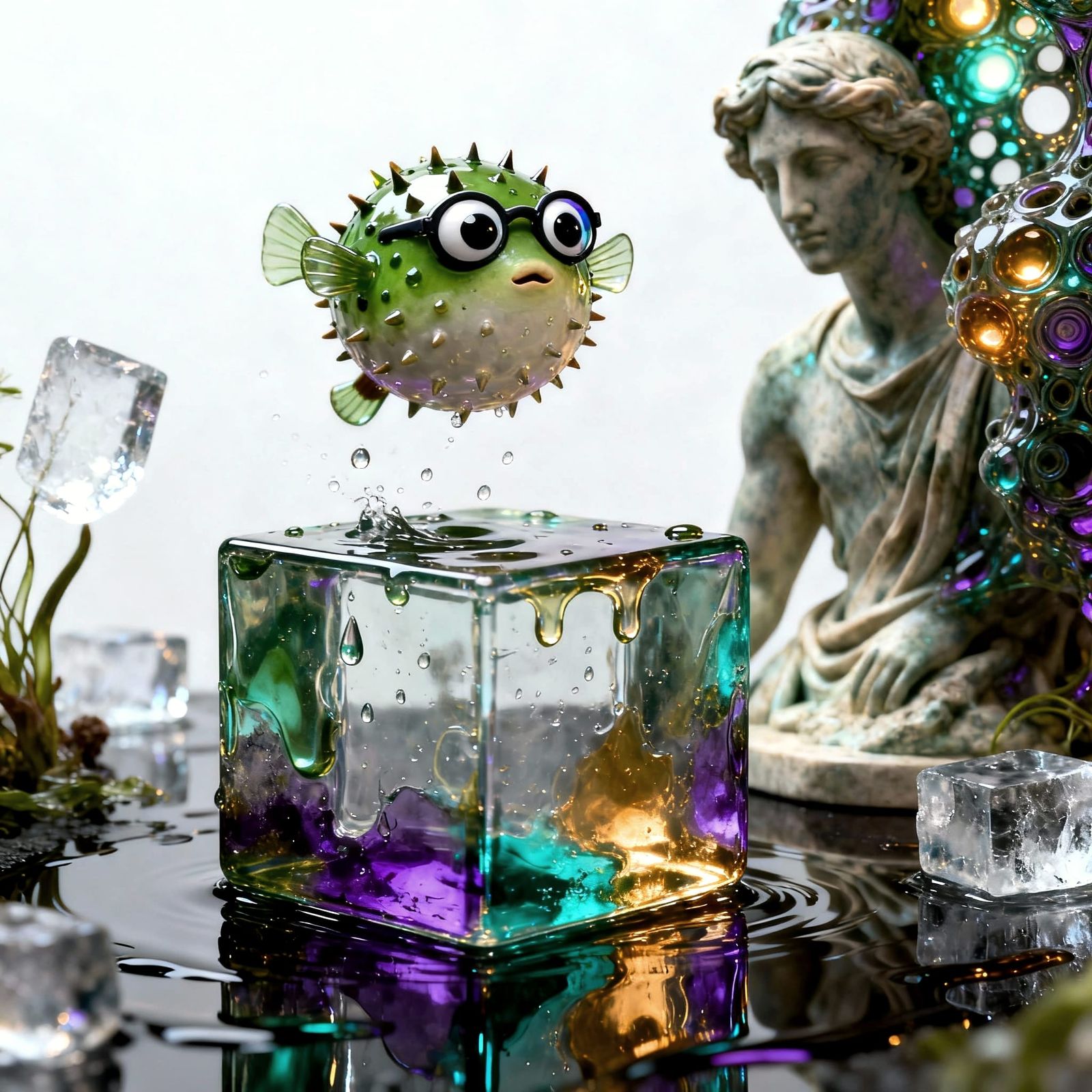 Surreal Glass Pufferfish Puppet in Ethereal Light