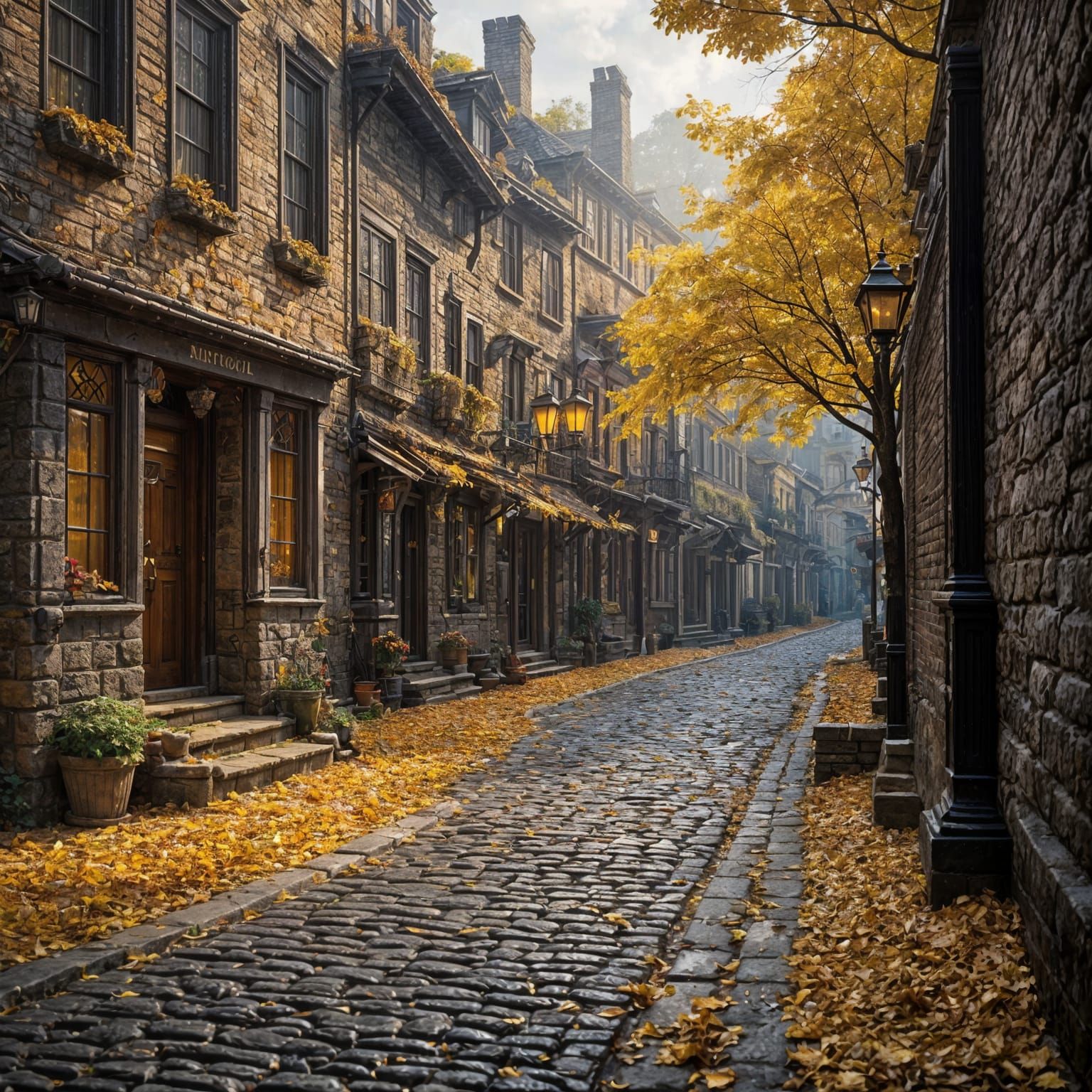 Charming Autumn Street Scene in Detailed Matte Painting