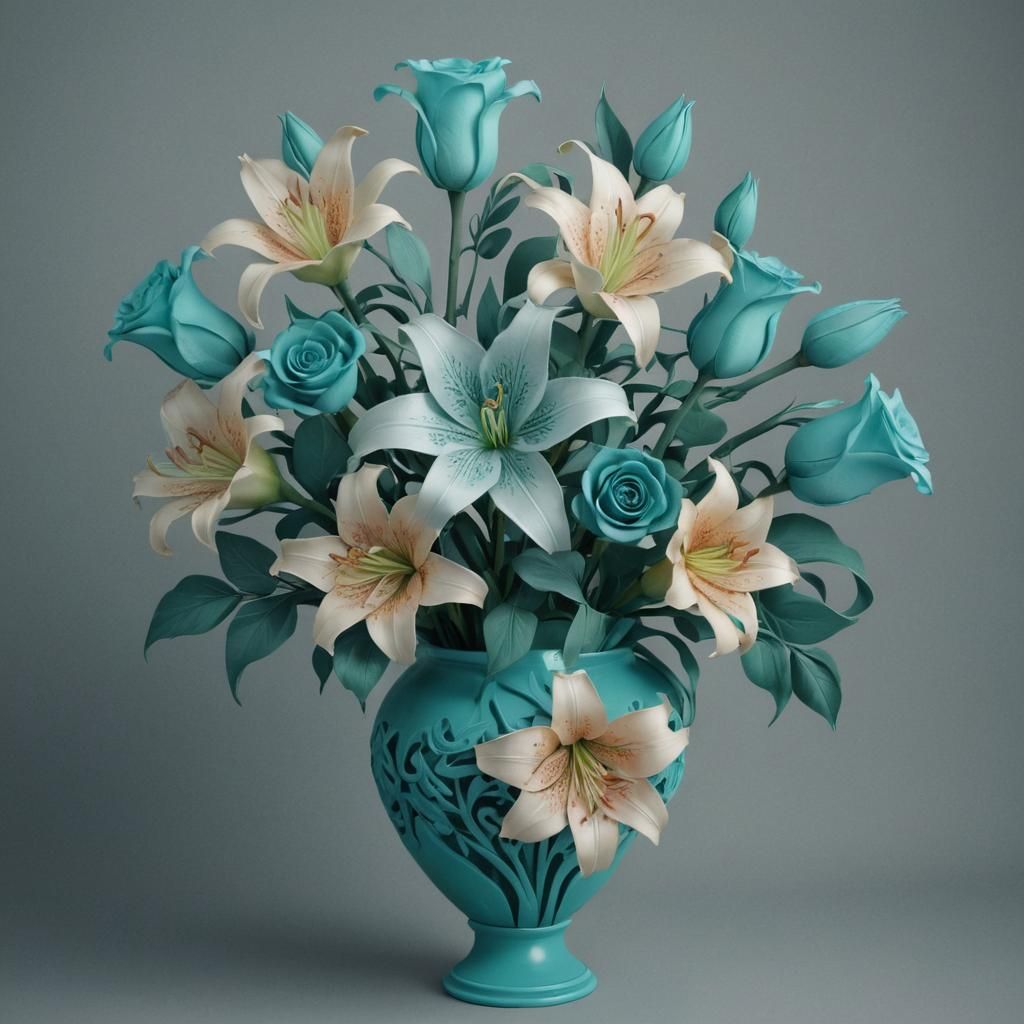 Elegant Kirigami Aqua Roses and Lilies Bouquet