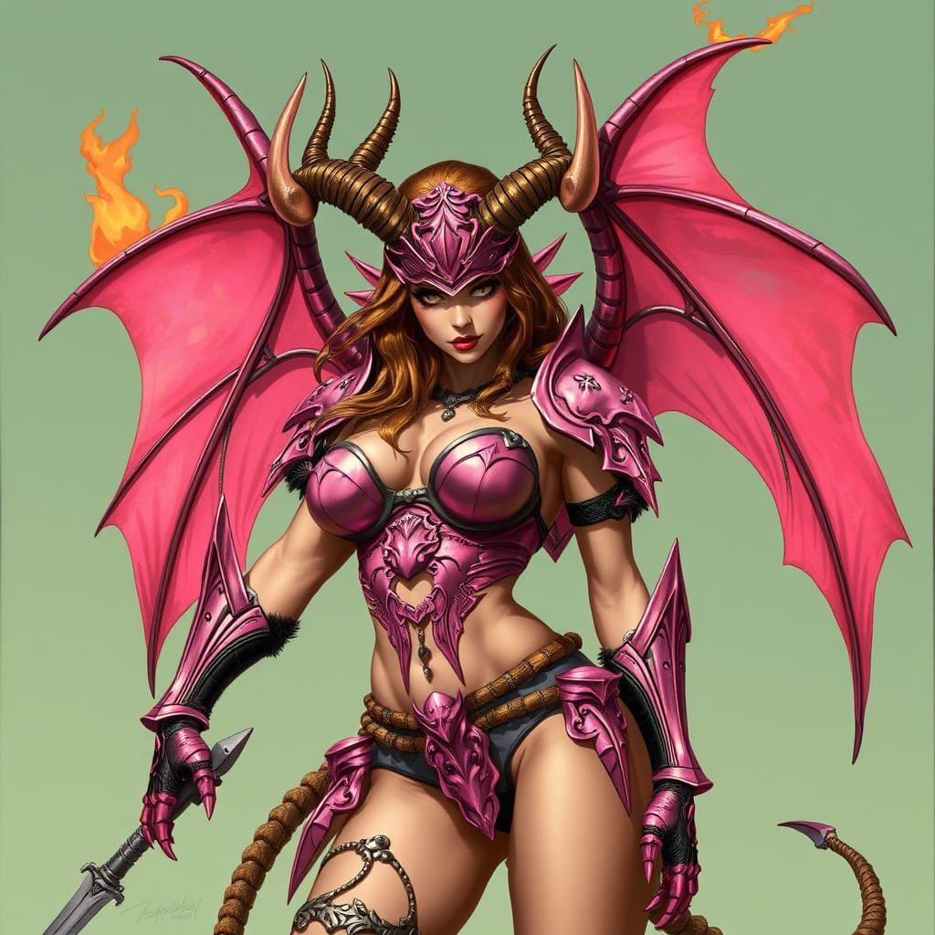 Demongirl in Pink Bikini Armor with Fire Horns