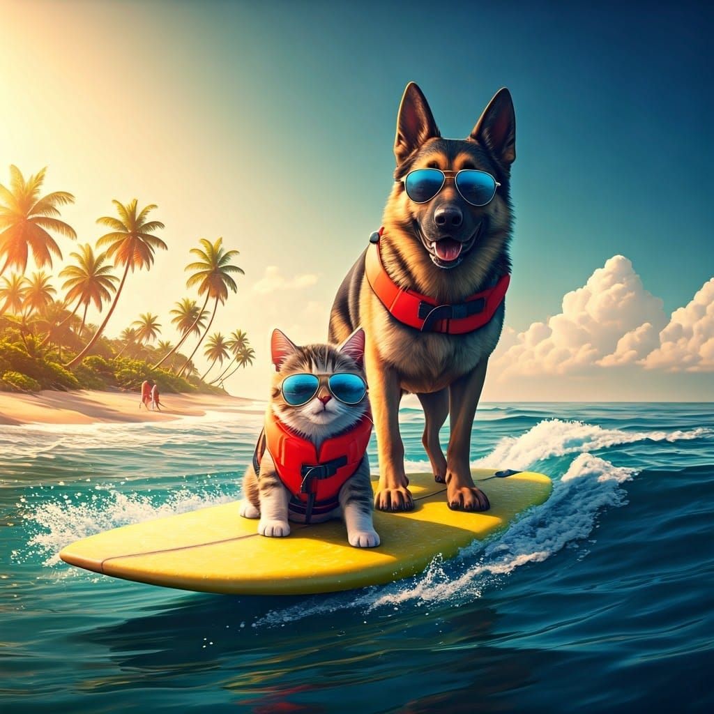 Surfing Duo in Vibrant Neon Colors