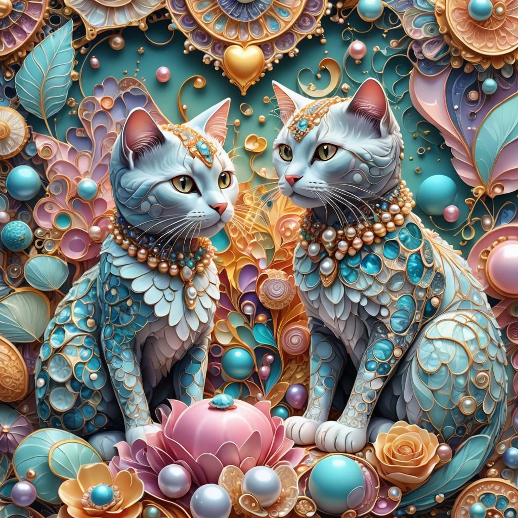 Two Cat Cakes with Hearts and Cosmic Fractals