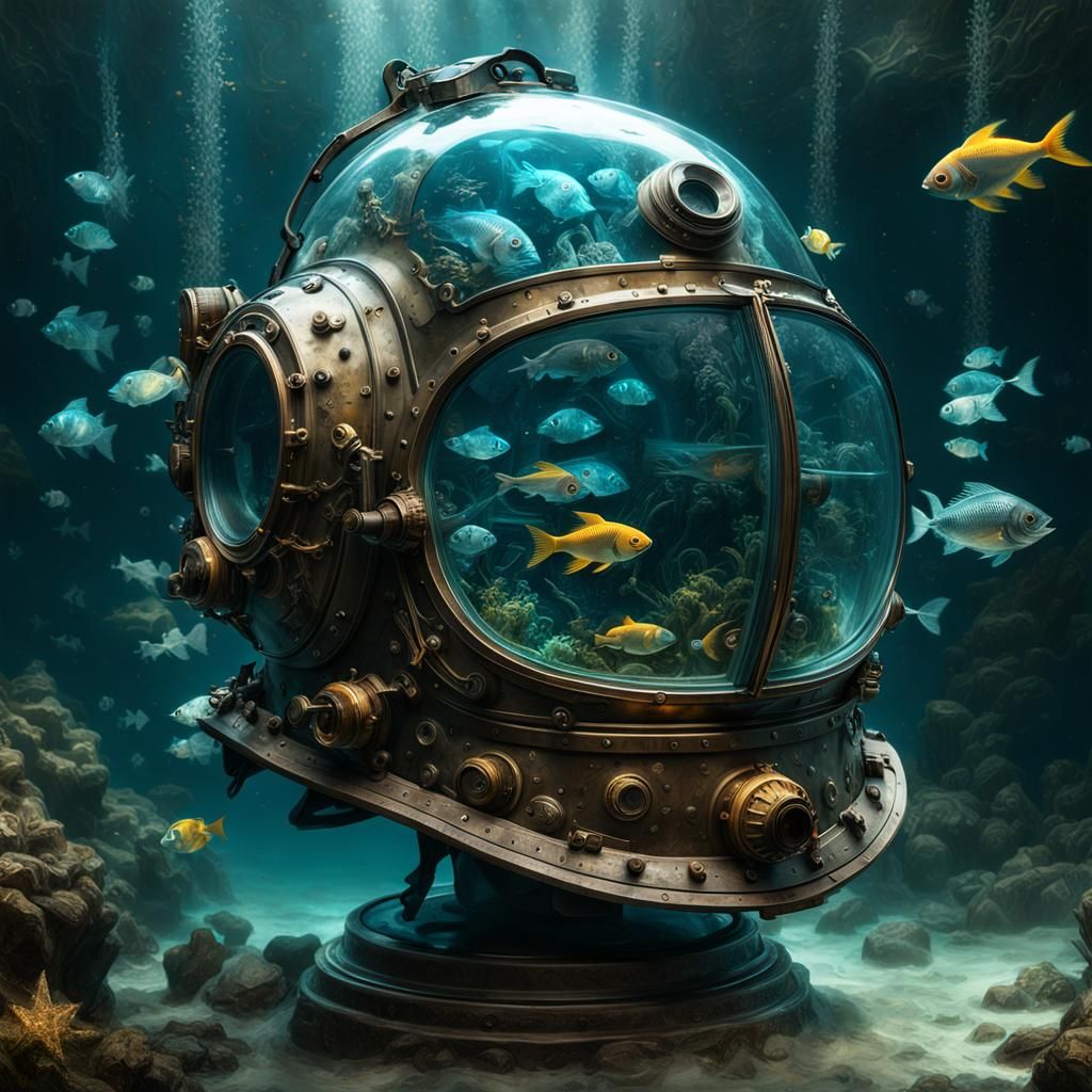 Glass Diver's Helmet with Fish: Fantasy Art