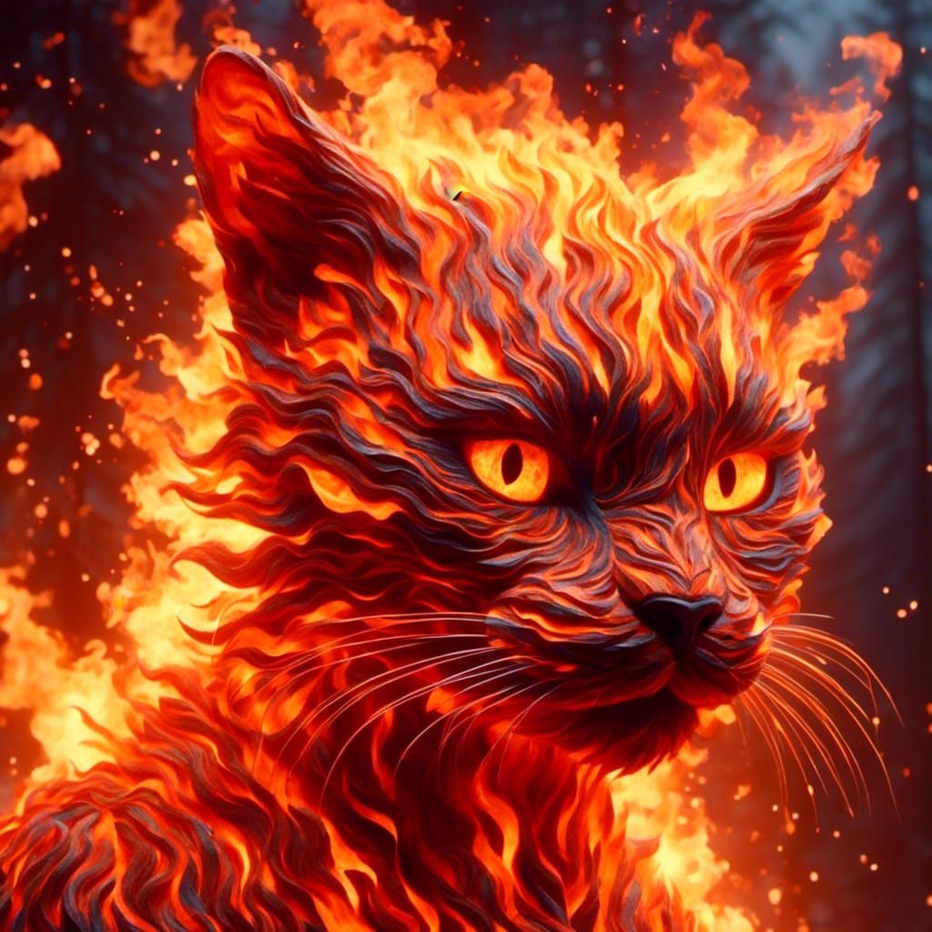 A fire elemental cat made entirely of realistic fire in fun background <lora:Ignis:1.0>