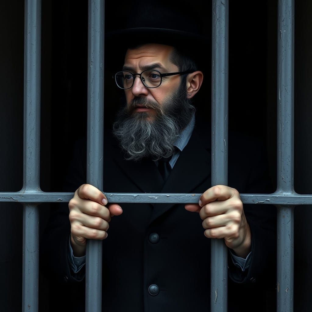 Contemplative Ultra-Orthodox Man in Shadows Behind Bars