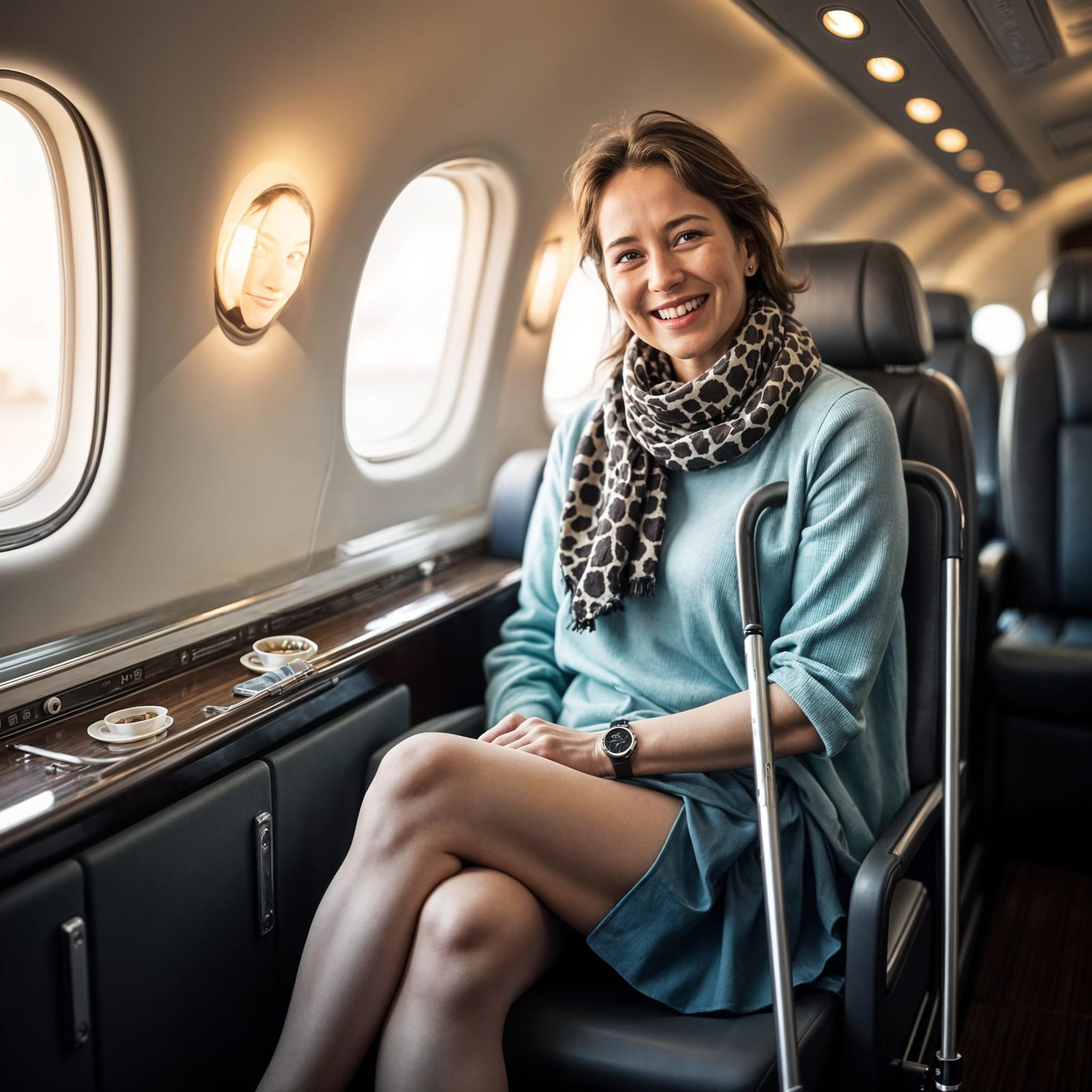 Woman in Private Jet with Crutches, Realistic Portrait