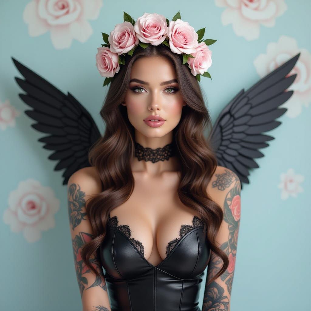 Digital Portrait of Woman in Leather Catsuit with Roses