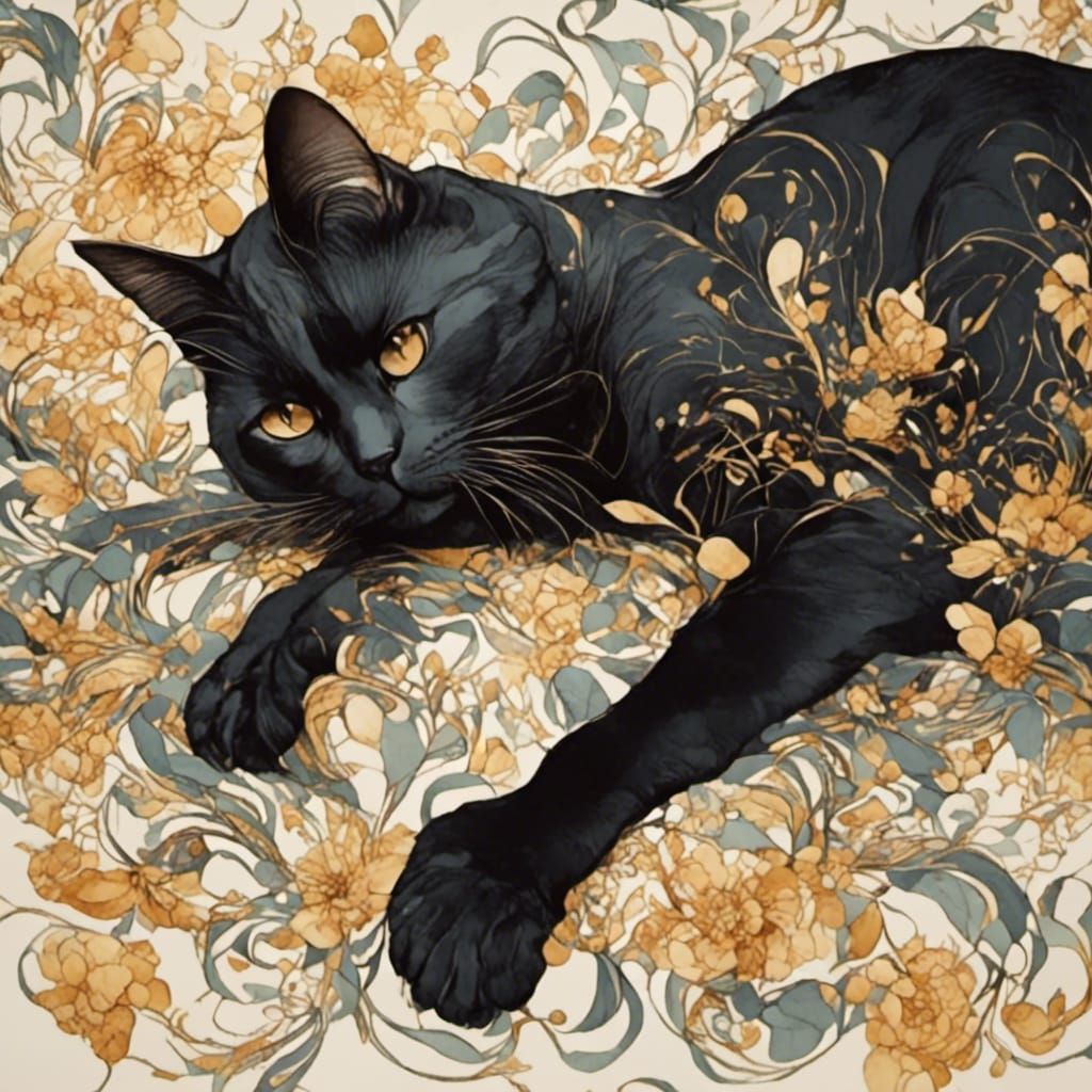 Black Cat Stretching in Neo Art Nouveau Style