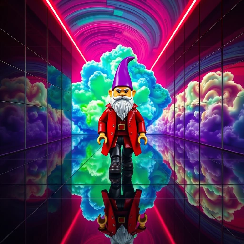 Gnome in Lego Style Amidst Swirling Clouds