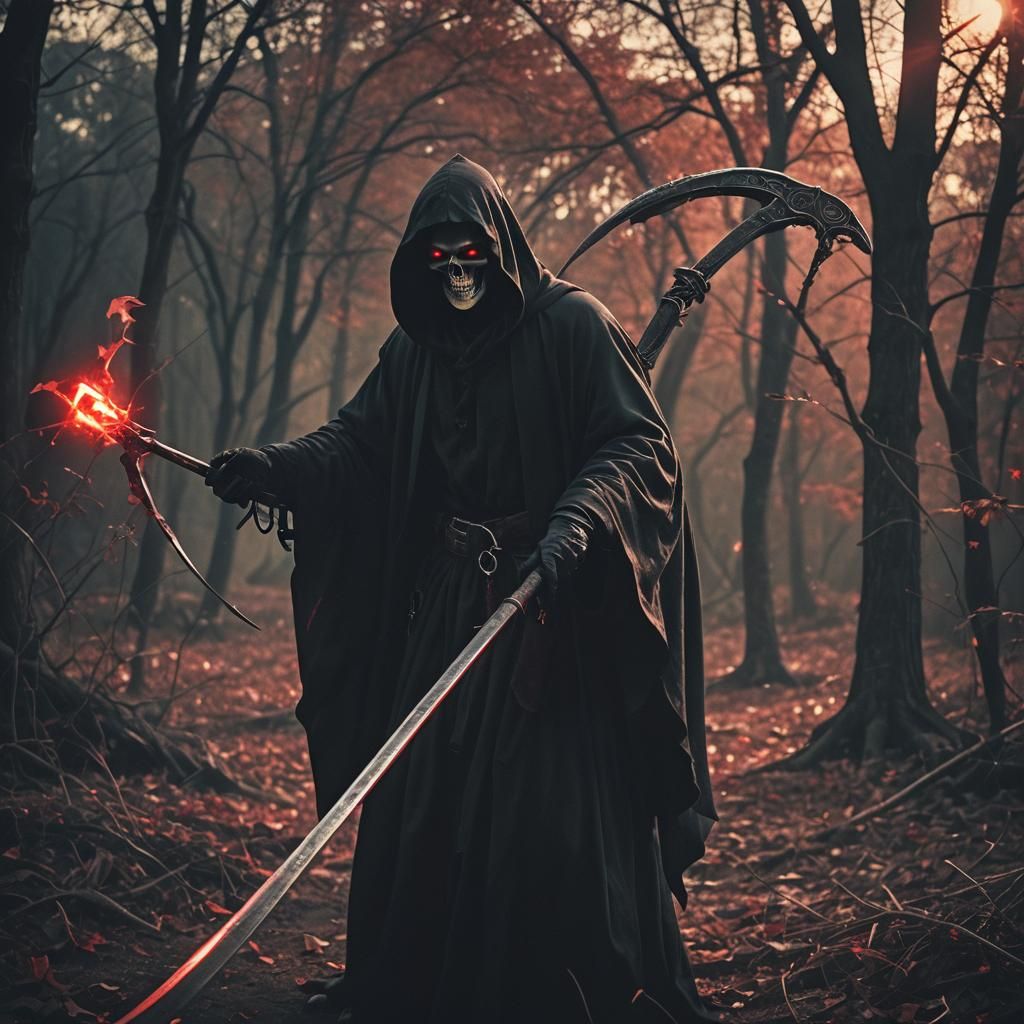 Cinematic Grim Reaper with Scythe and Glowing Eyes