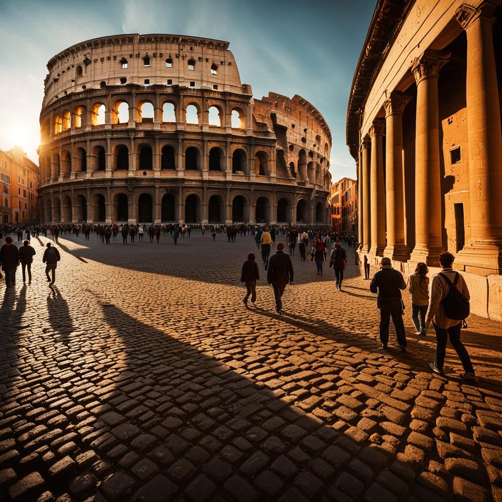 Baroque Roman Cityscape Painting with Golden Light