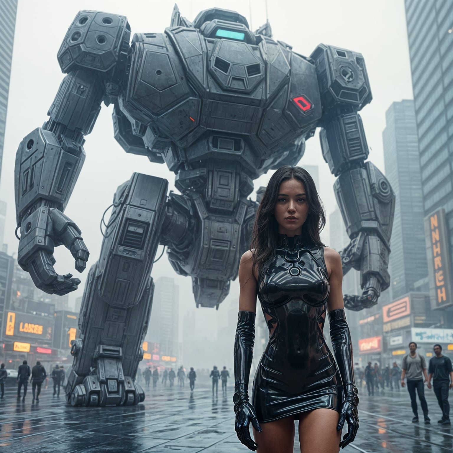 Confident Woman in Futuristic Urban Setting with Mechanized ...