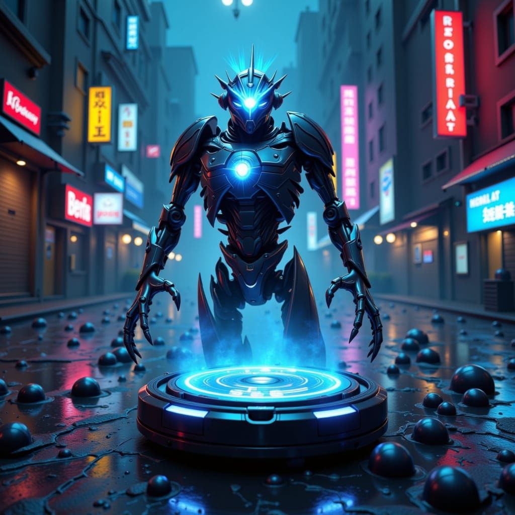 Sentient Roomba Leads Robot Army in Cyberpunk City