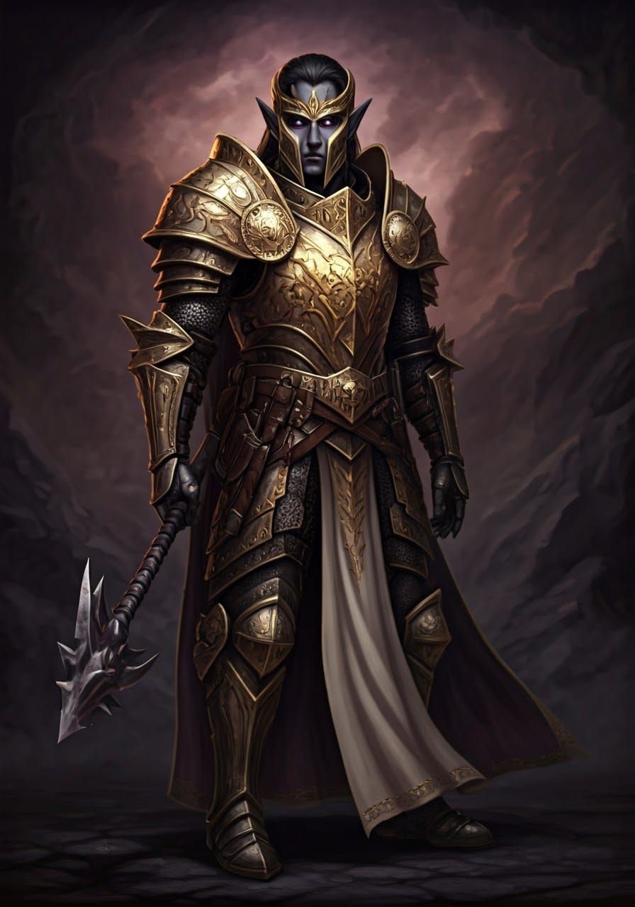 Drow Paladin with Morningstar in Holy Armor