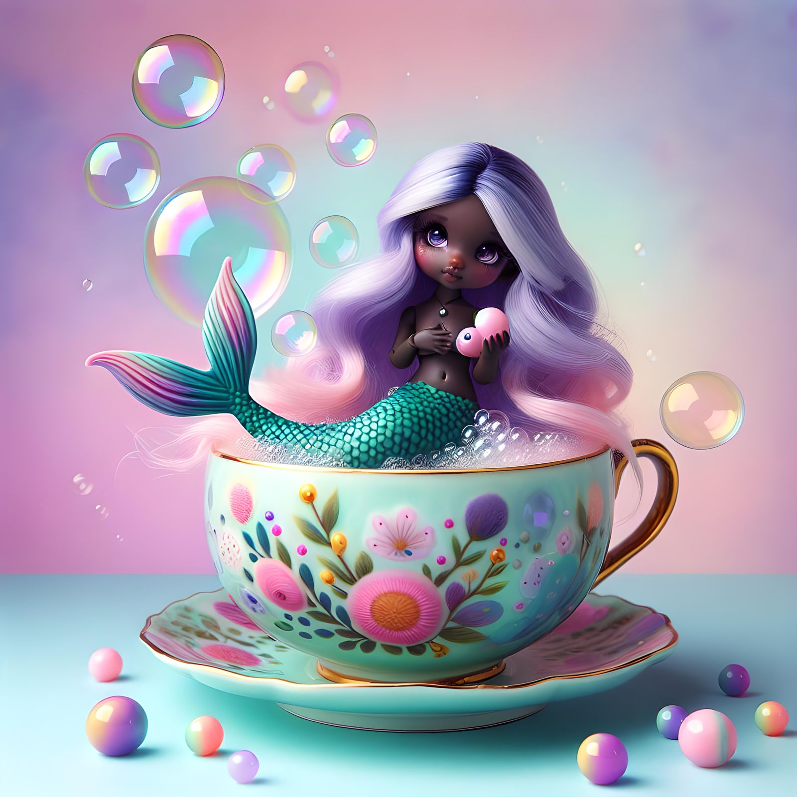 Whimsical Mermaid in Teacup with Bubbles