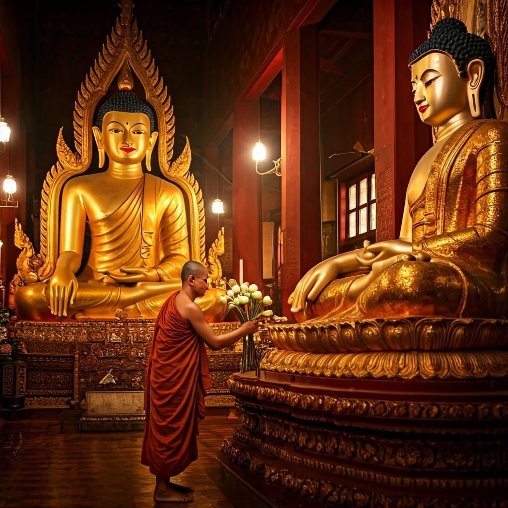 Monk Offering Lotus Flowers to Buddha Statue