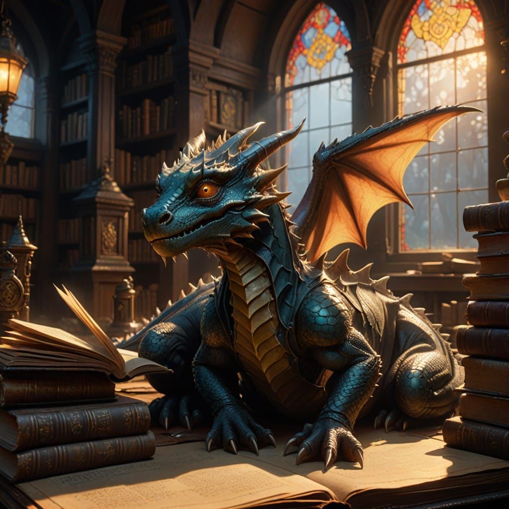 Epic Library Scene with Sleeping Baby Dragon