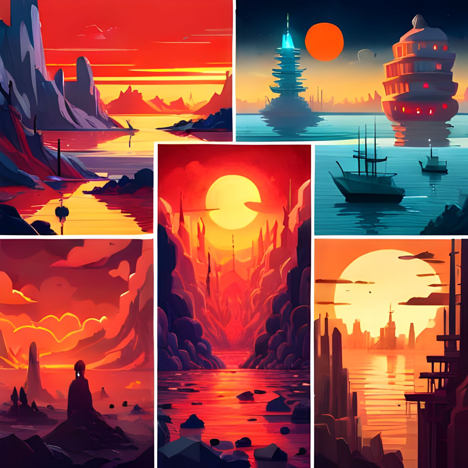 Retrofuturistic Collage of Red Skies and Sunsets