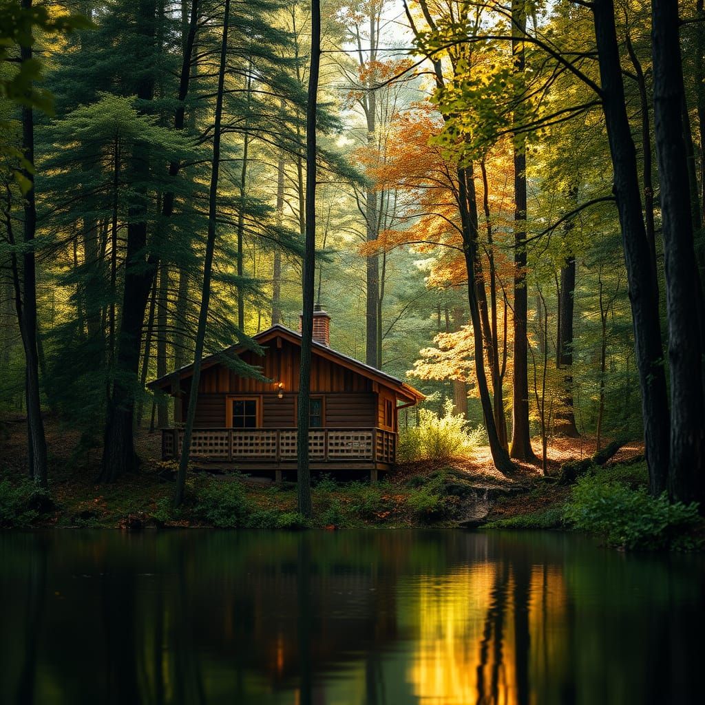 Serene Forest Landscape with Cozy Cabin and Tranquil Lake