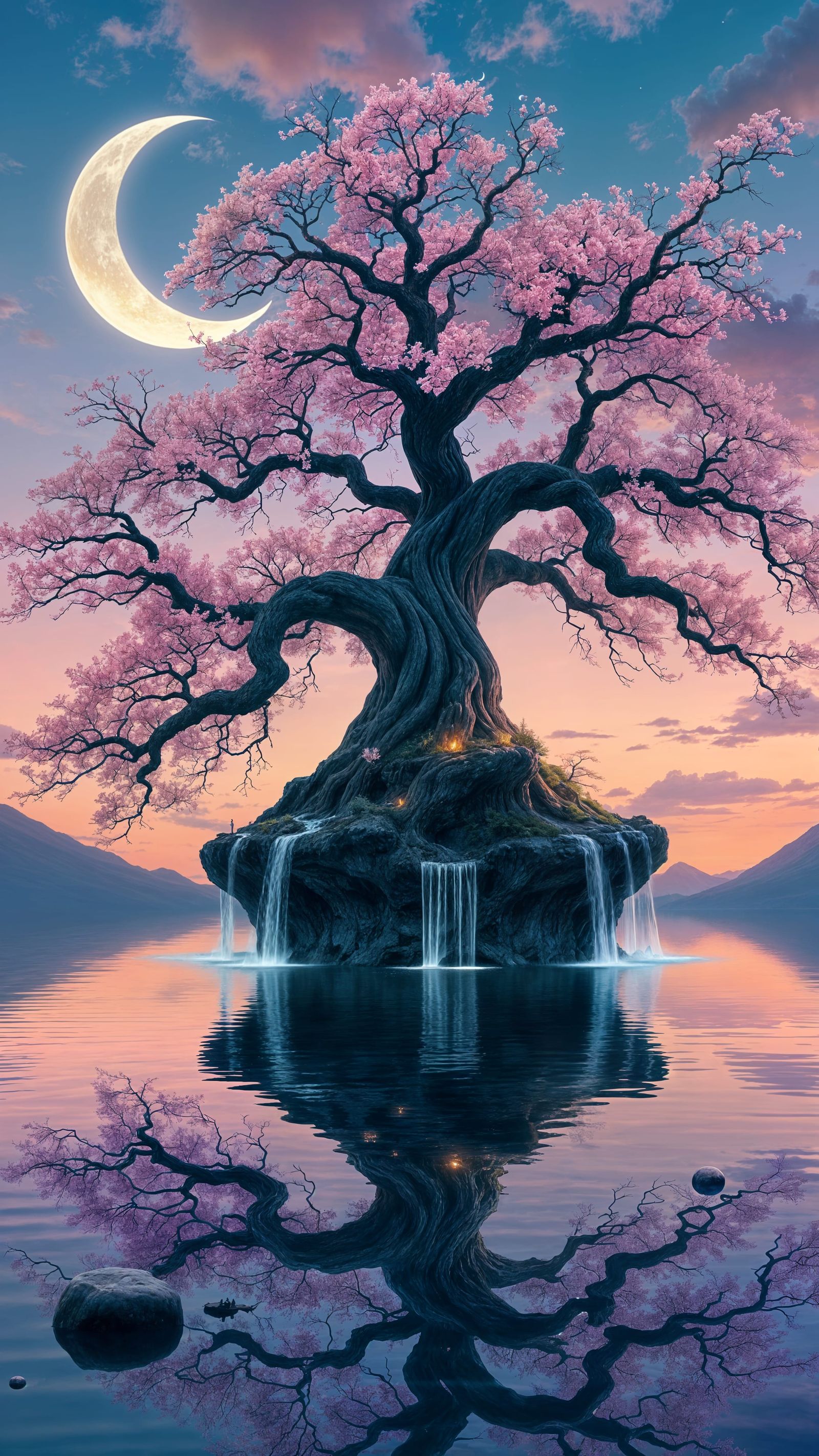 Twilight Serenity: A Glowing Purple Lake with a Majestic Tre...