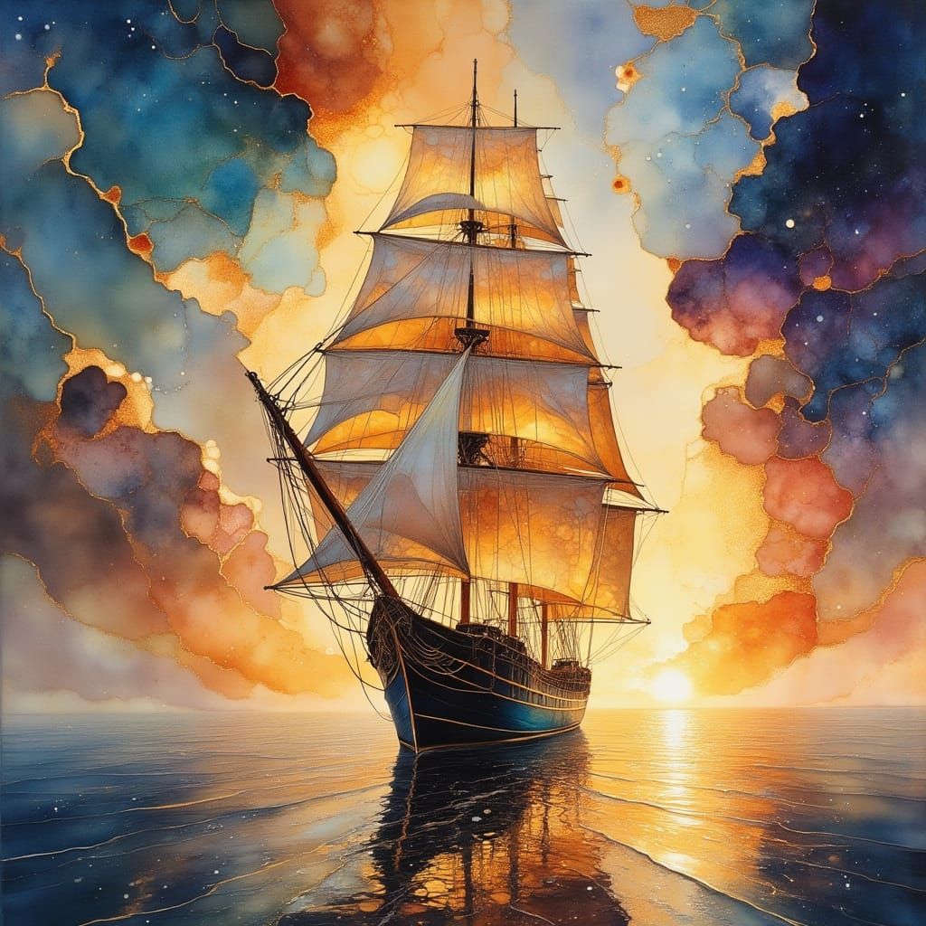 Silver Filigree Tall Ship at Sunrise in Misty Calm Sea