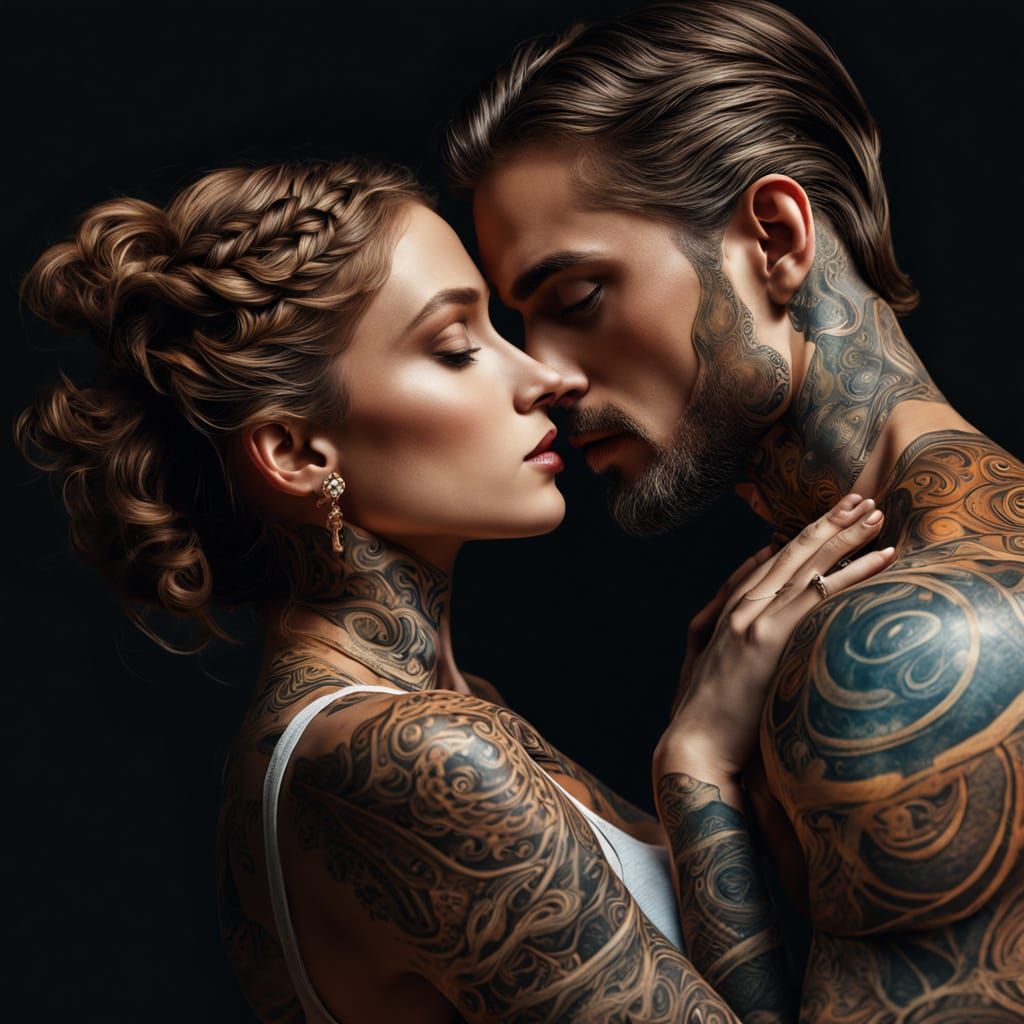 Romantic Hyperrealistic Tattooed Couple in Intimate Embrace