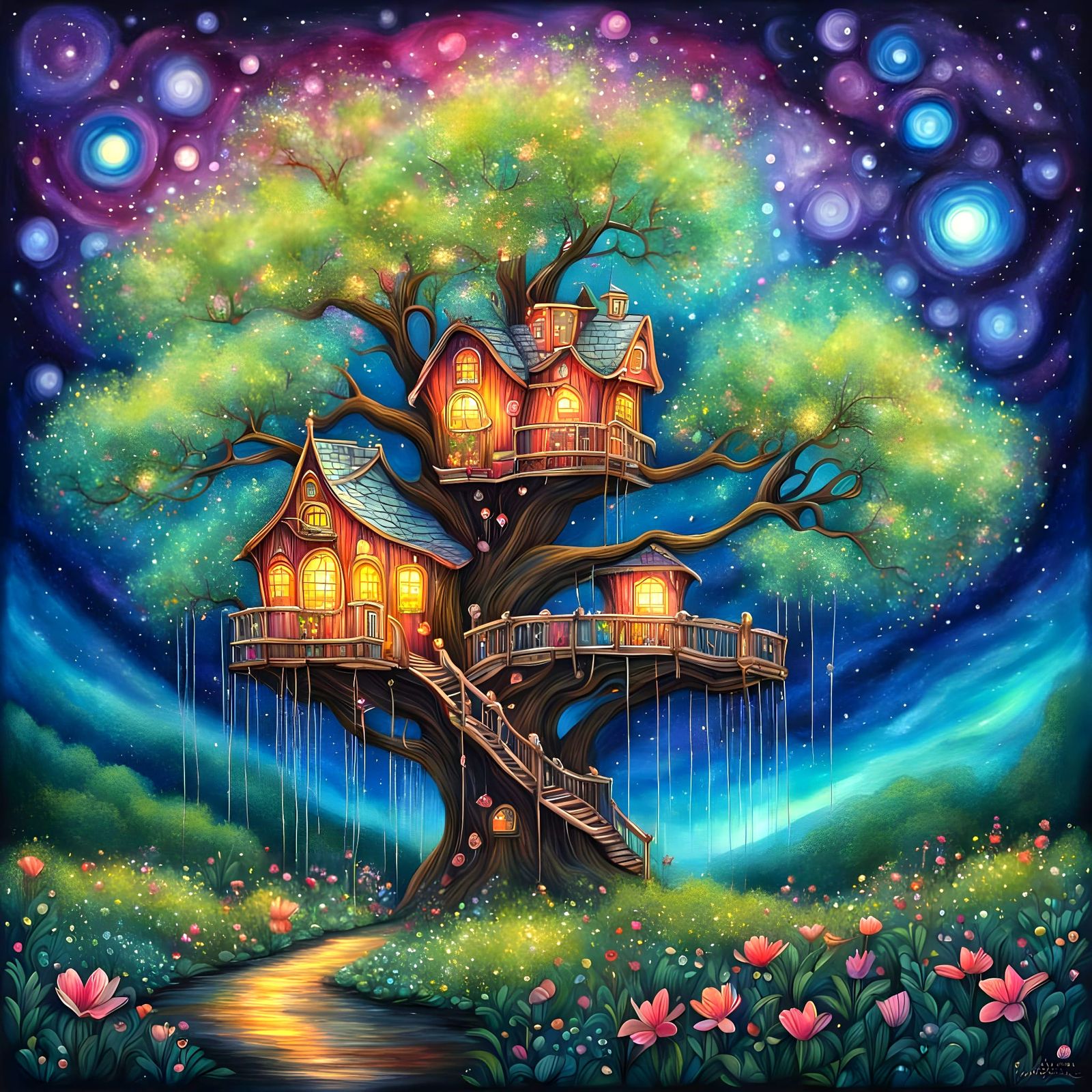 Whimsical Treehouse Blooms with Happiness and Sparkles in a ...