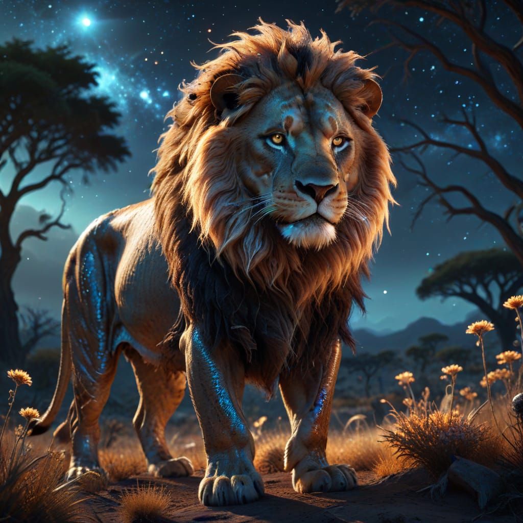 Majestic Lion with Fiery Mane on Alien Savanna